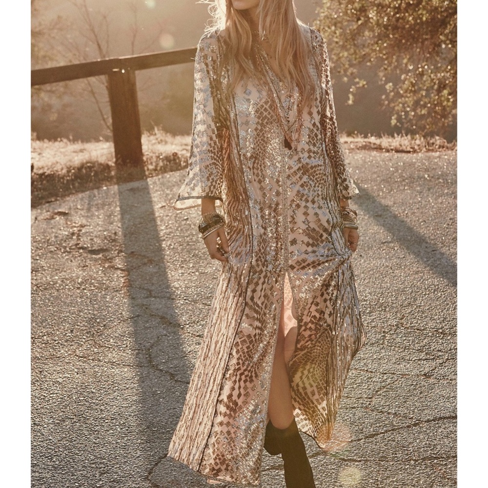 Anna Sui x BHLDN Cyrene Sm Silver Black Tan Sequin Geometric Kaftan Maxi Kimono